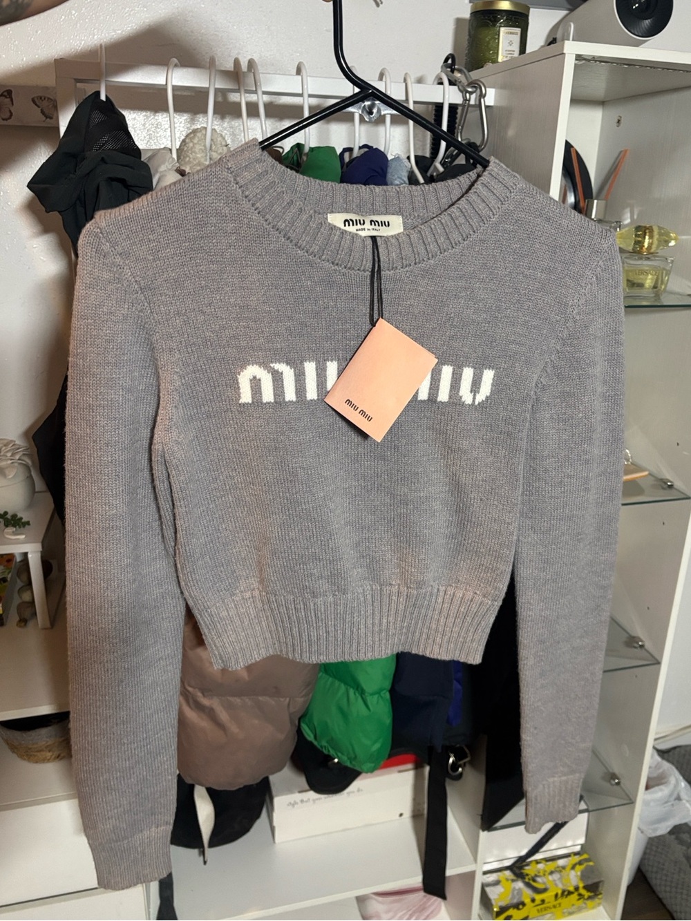 NWT Miu Miu Cashmere Sweater. Grey White Logo, Crewneck, 100% Wool, S/M, Women's